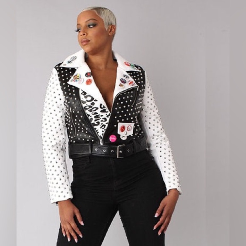 For Her NYC Women’s Studded Moto Jacket. Size Large Grey/Black. 81751-9524 NWT.